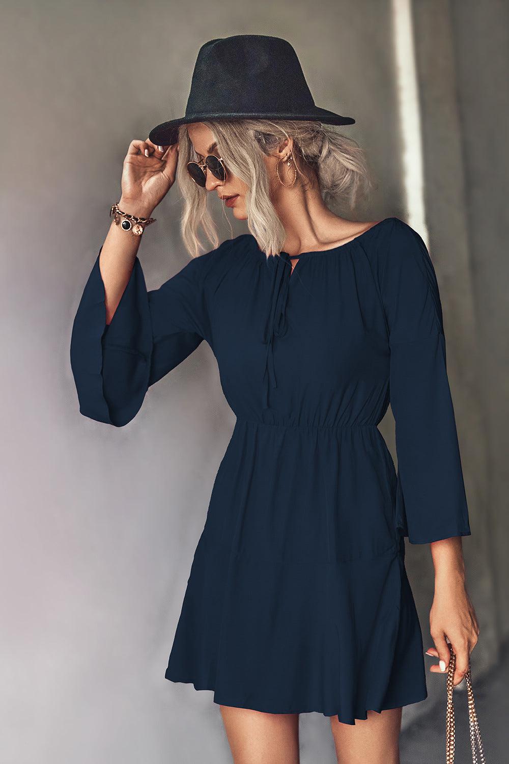 Tie Neck Flare Sleeve Mini Dress BLUE ZONE PLANET