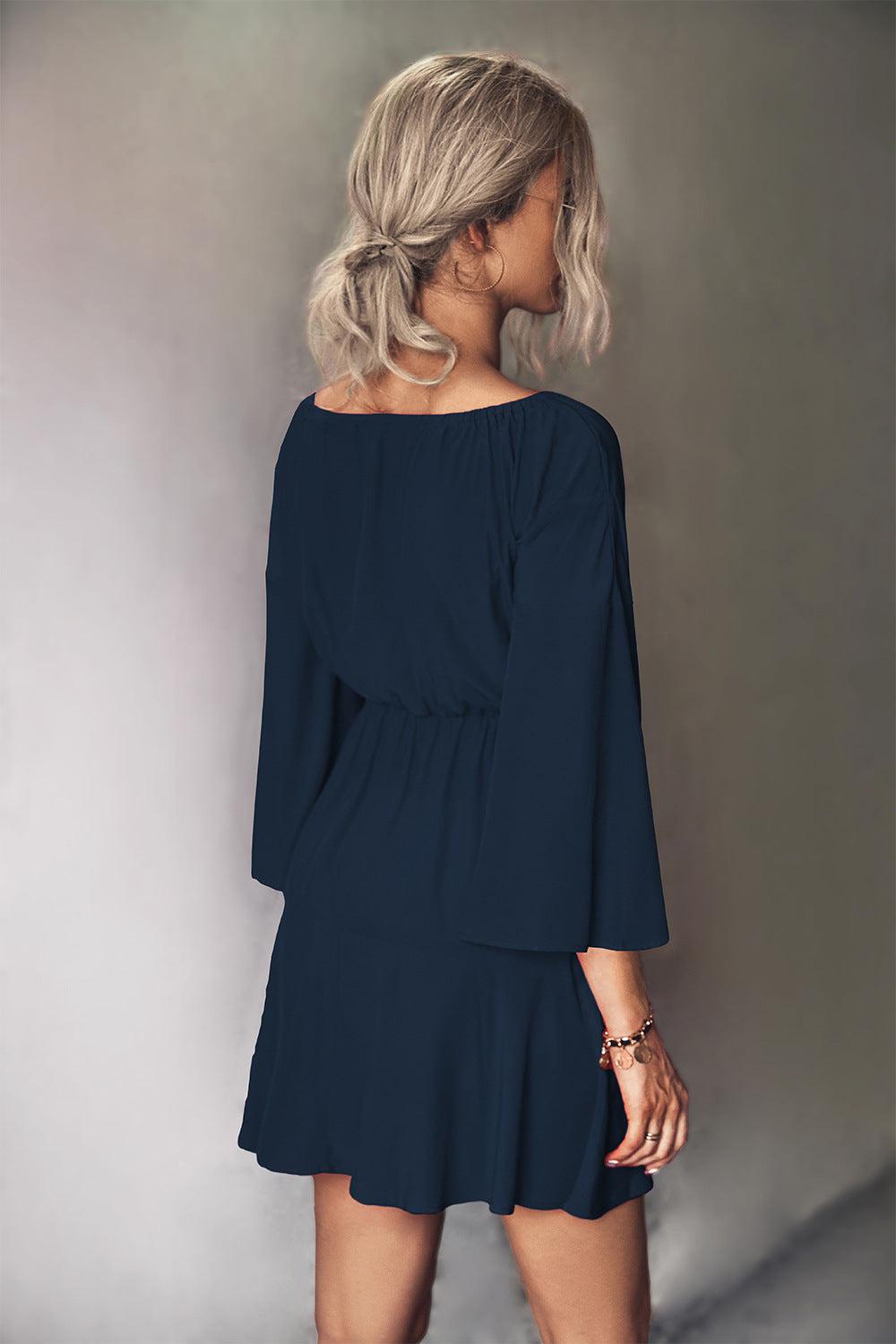 Tie Neck Flare Sleeve Mini Dress BLUE ZONE PLANET