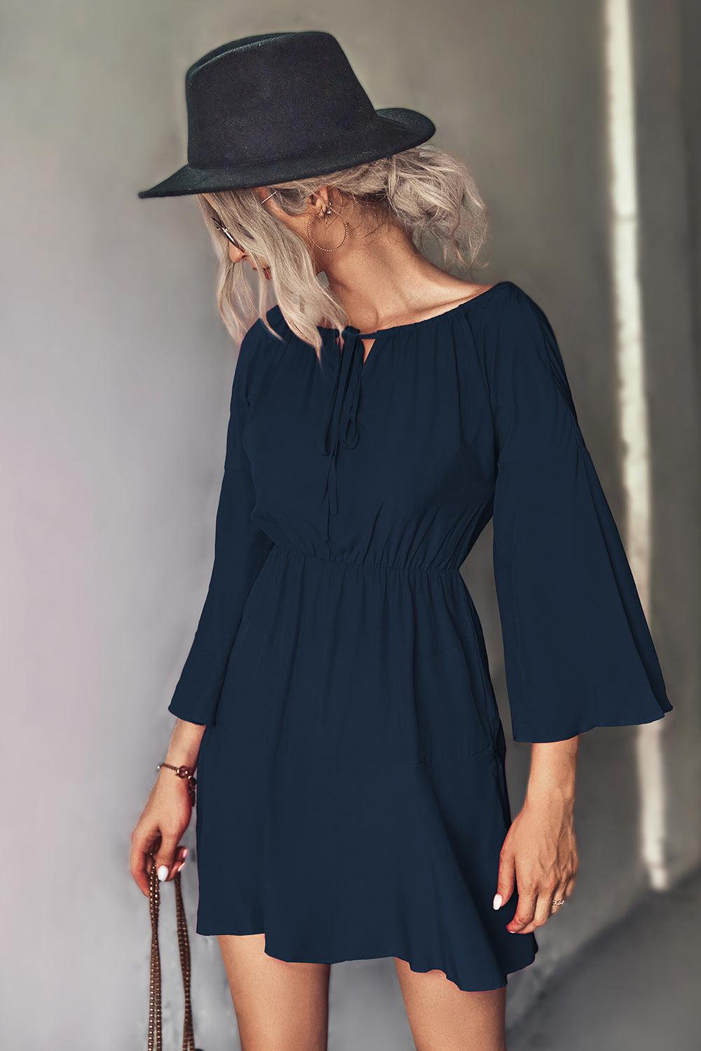 Tie Neck Flare Sleeve Mini Dress BLUE ZONE PLANET