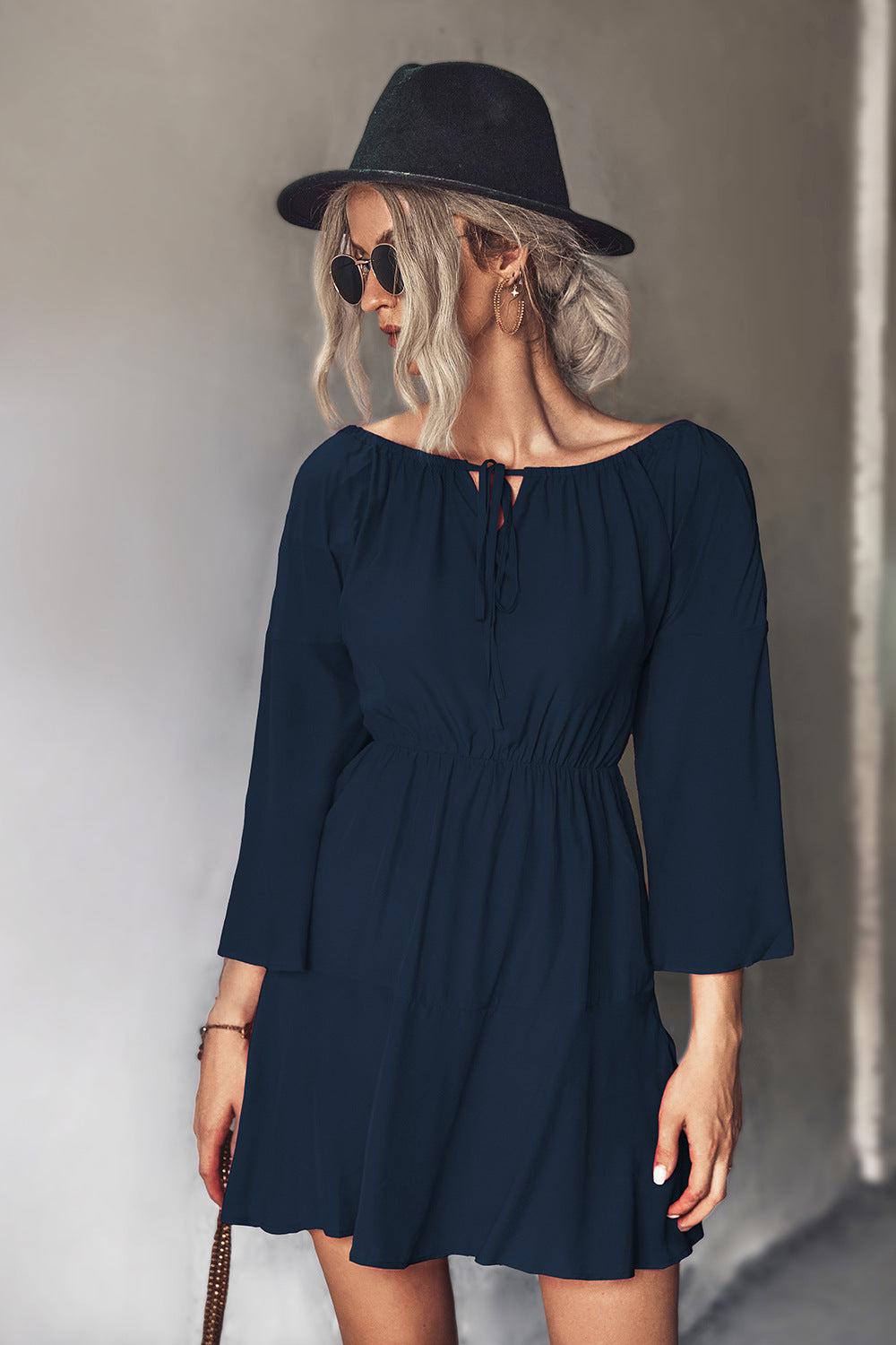 Tie Neck Flare Sleeve Mini Dress BLUE ZONE PLANET