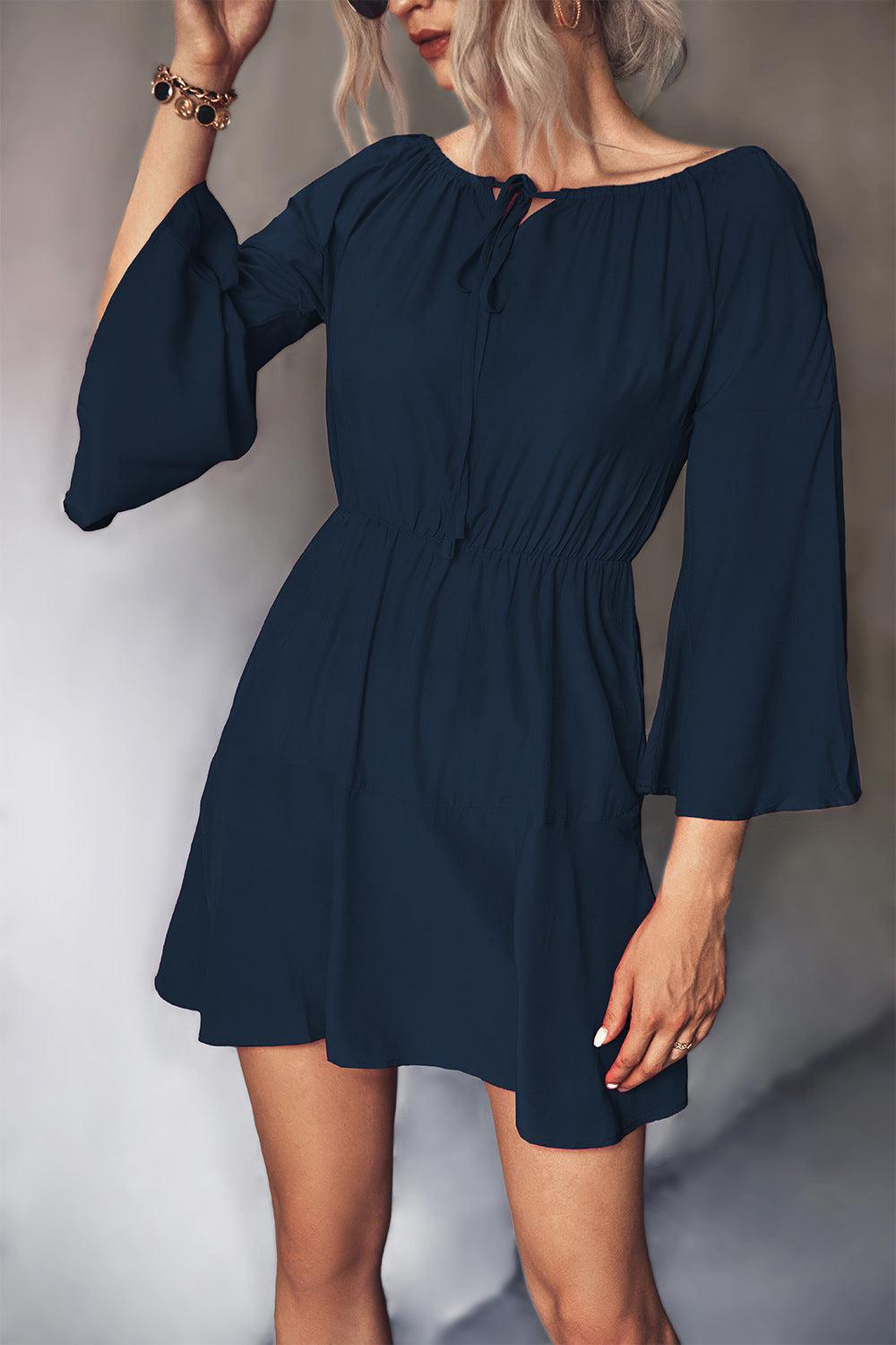 Tie Neck Flare Sleeve Mini Dress BLUE ZONE PLANET