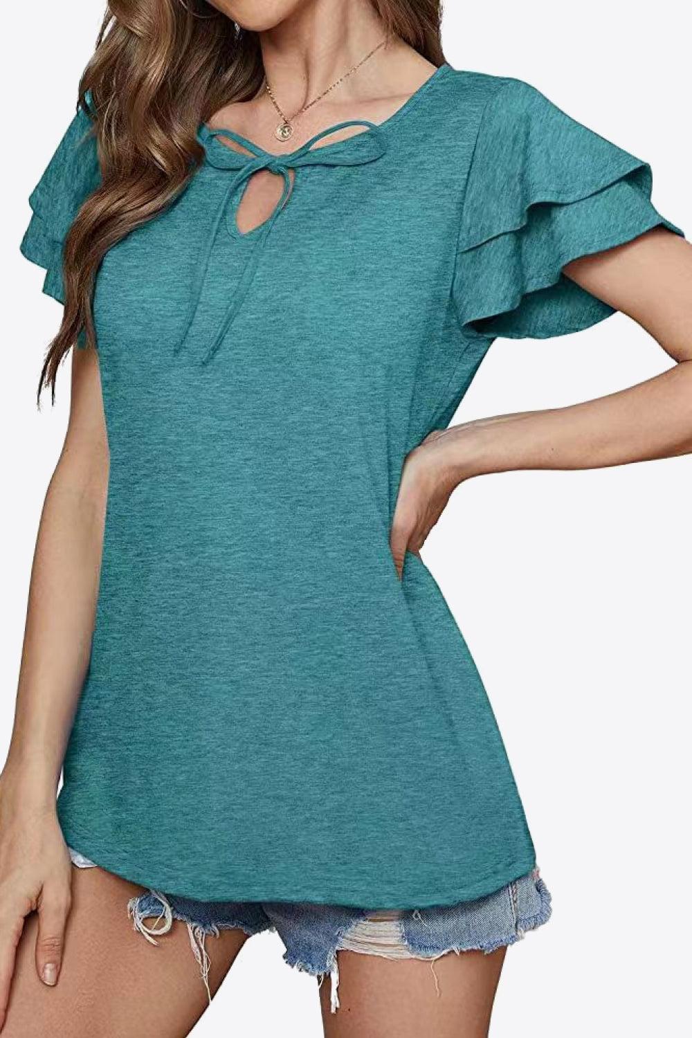 Tie-Neck Layered Flutter Sleeve Blouse BLUE ZONE PLANET