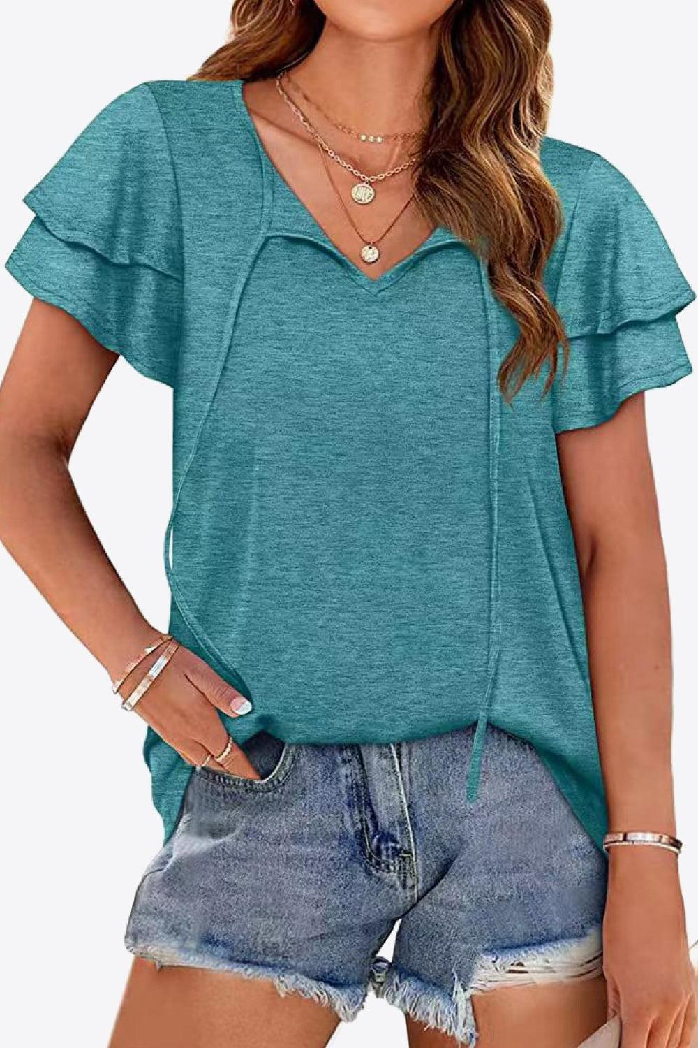 Tie-Neck Layered Flutter Sleeve Blouse BLUE ZONE PLANET