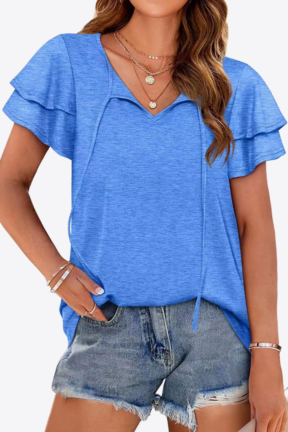 Tie-Neck Layered Flutter Sleeve Blouse BLUE ZONE PLANET