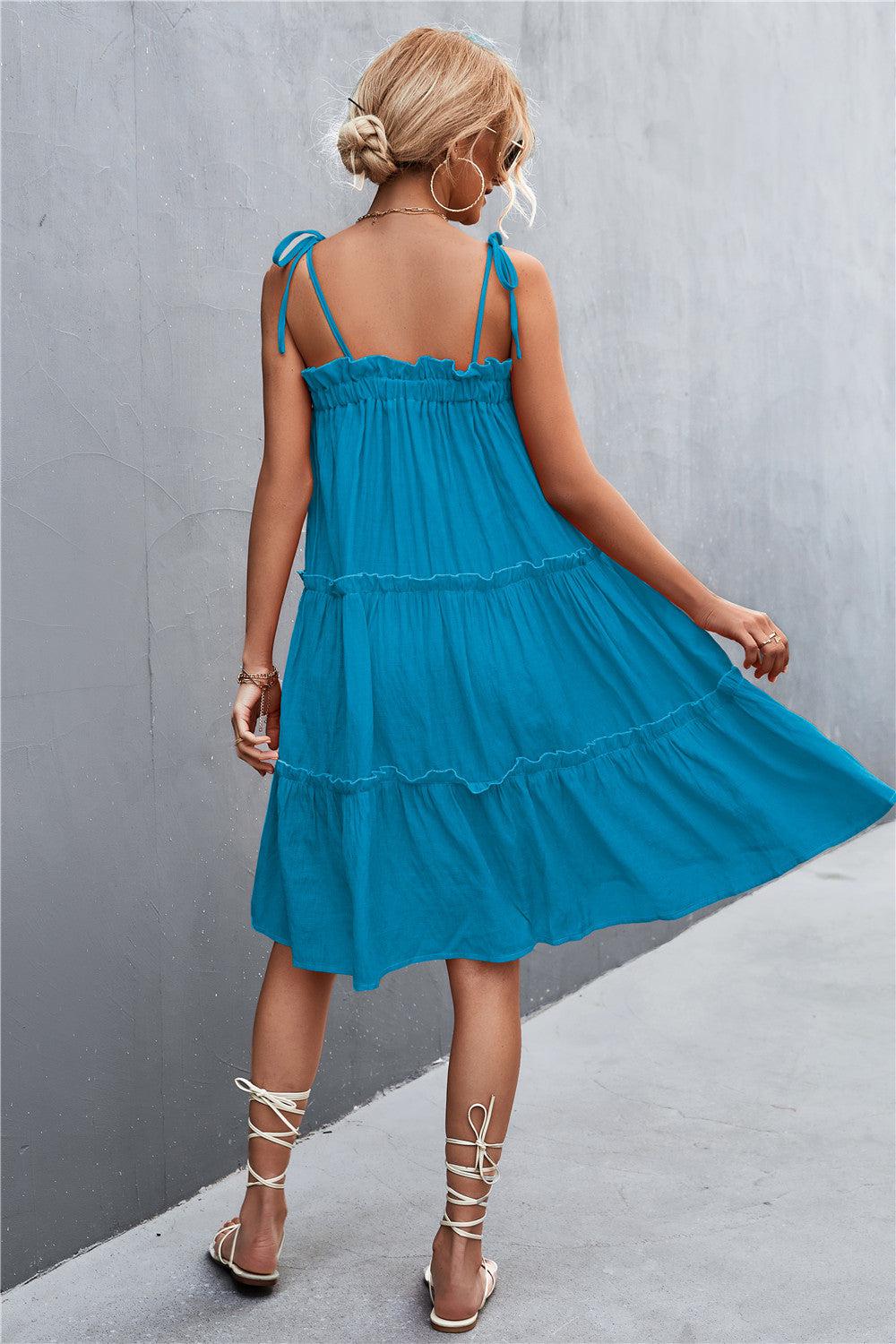 Tie-Shoulder Frill Trim Sleeveless Dress BLUE ZONE PLANET