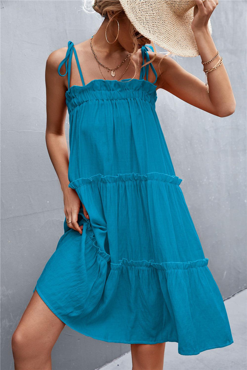 Tie-Shoulder Frill Trim Sleeveless Dress BLUE ZONE PLANET