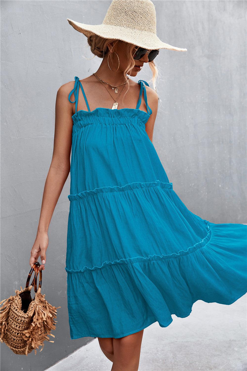 Tie-Shoulder Frill Trim Sleeveless Dress BLUE ZONE PLANET