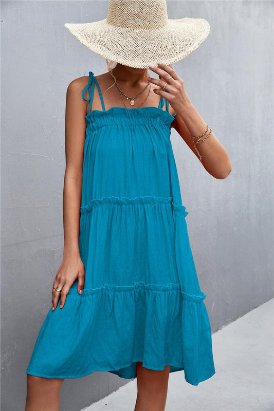 Tie-Shoulder Frill Trim Sleeveless Dress BLUE ZONE PLANET