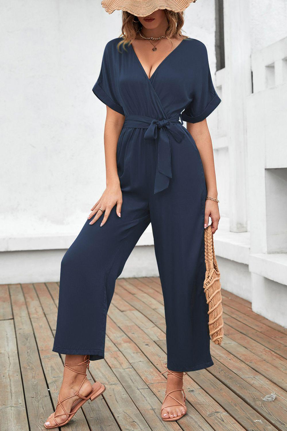 Tie-Waist Surplice Wide Leg Jumpsuit BLUE ZONE PLANET