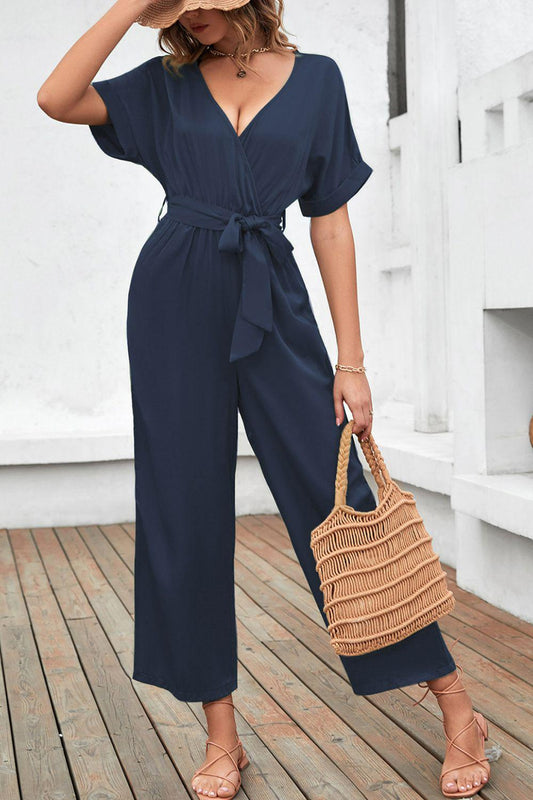 Tie-Waist Surplice Wide Leg Jumpsuit BLUE ZONE PLANET