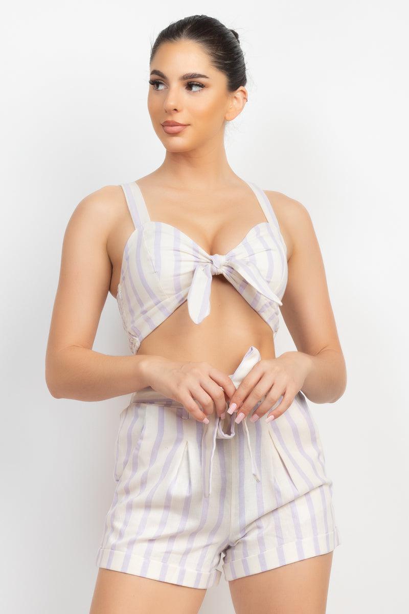 Tie-front Striped Crop Top & Belted Shorts Set Blue Zone Planet