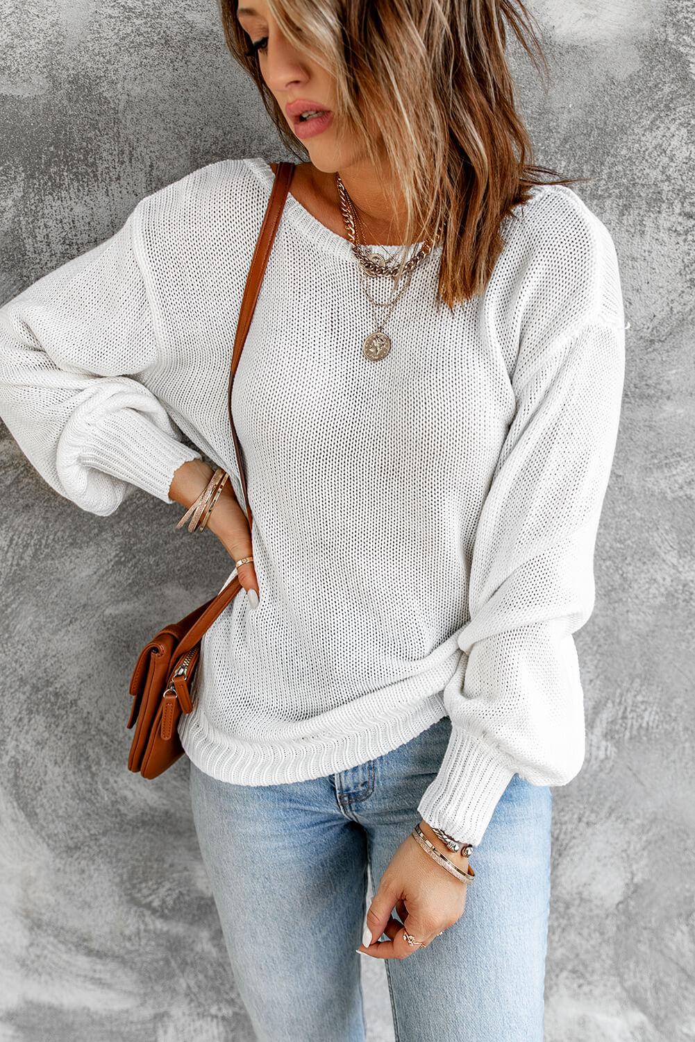 Tied Balloon Sleeve Round Neck Sweater BLUE ZONE PLANET