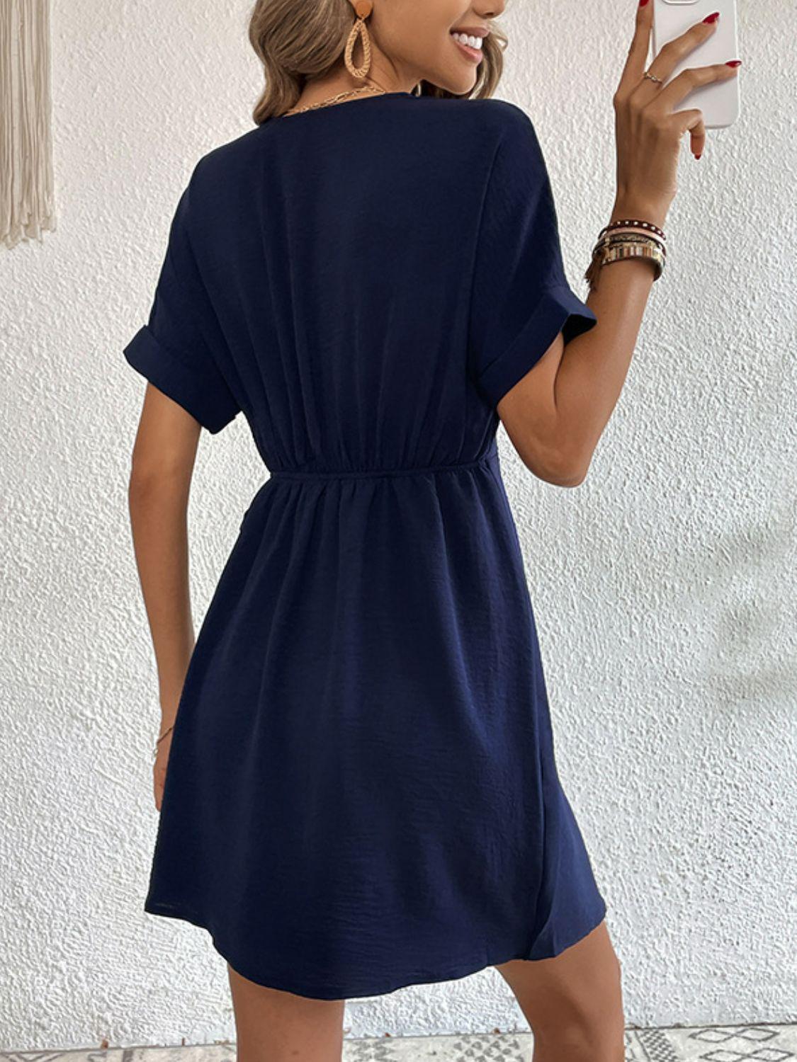 Tied Cuffed Sleeve Surplice Dress BLUE ZONE PLANET