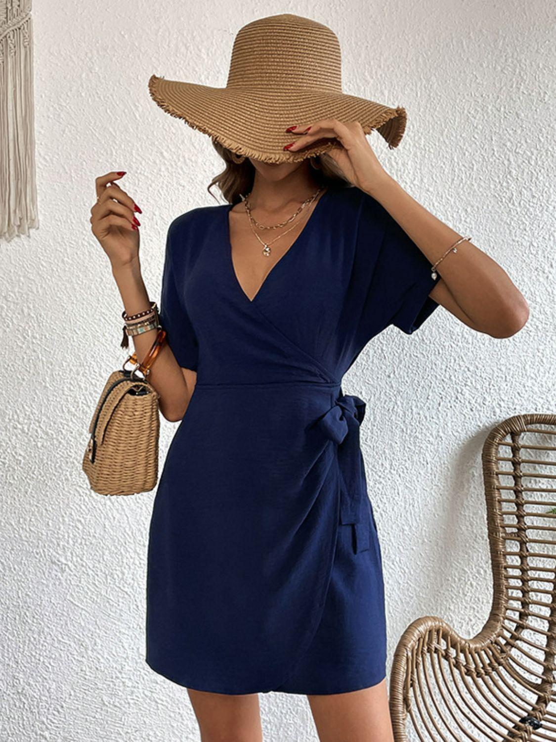 Tied Cuffed Sleeve Surplice Dress BLUE ZONE PLANET