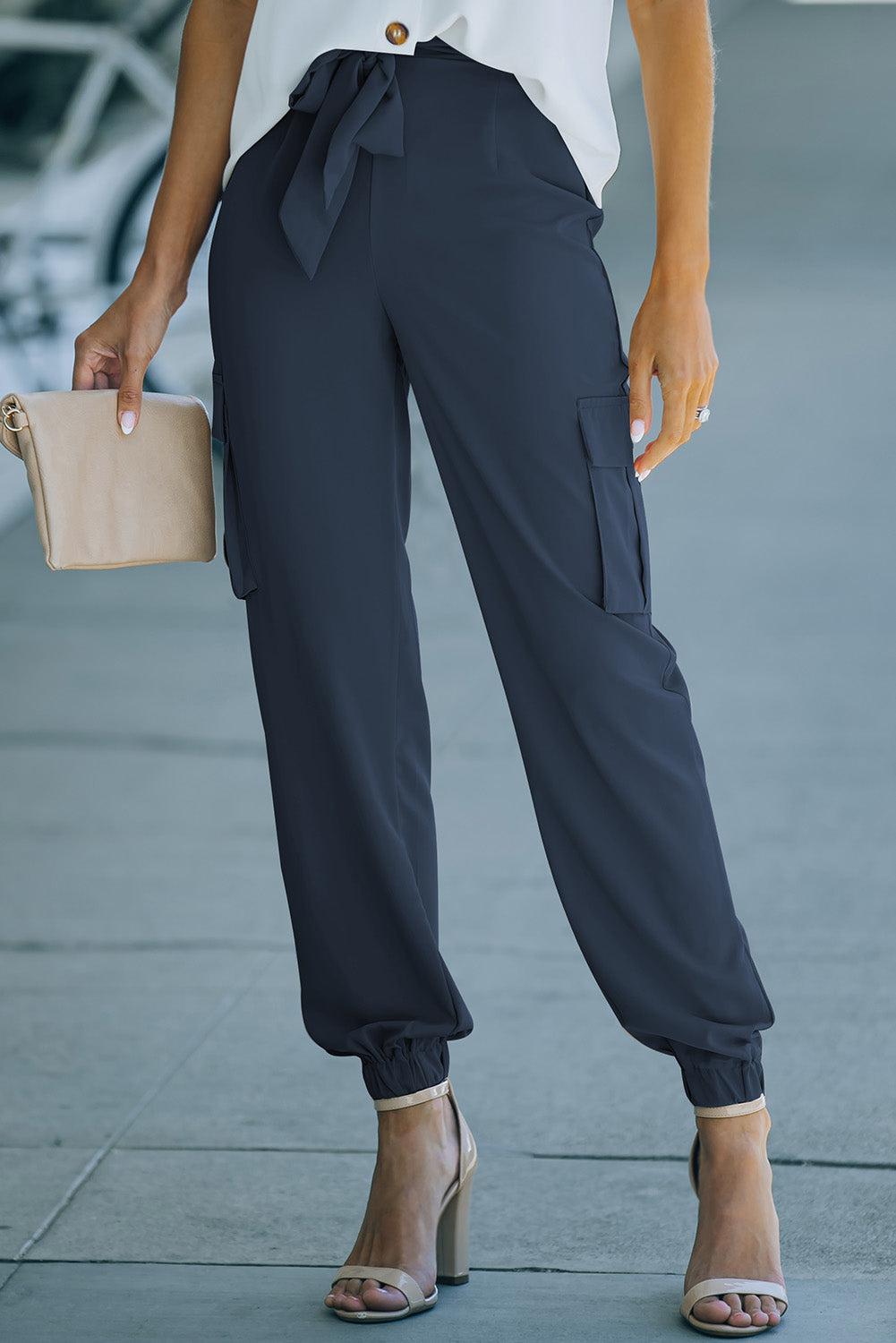 Tied High Waist Cargo Joggers-TOPS / DRESSES-[Adult]-[Female]-Navy-L-2022 Online Blue Zone Planet