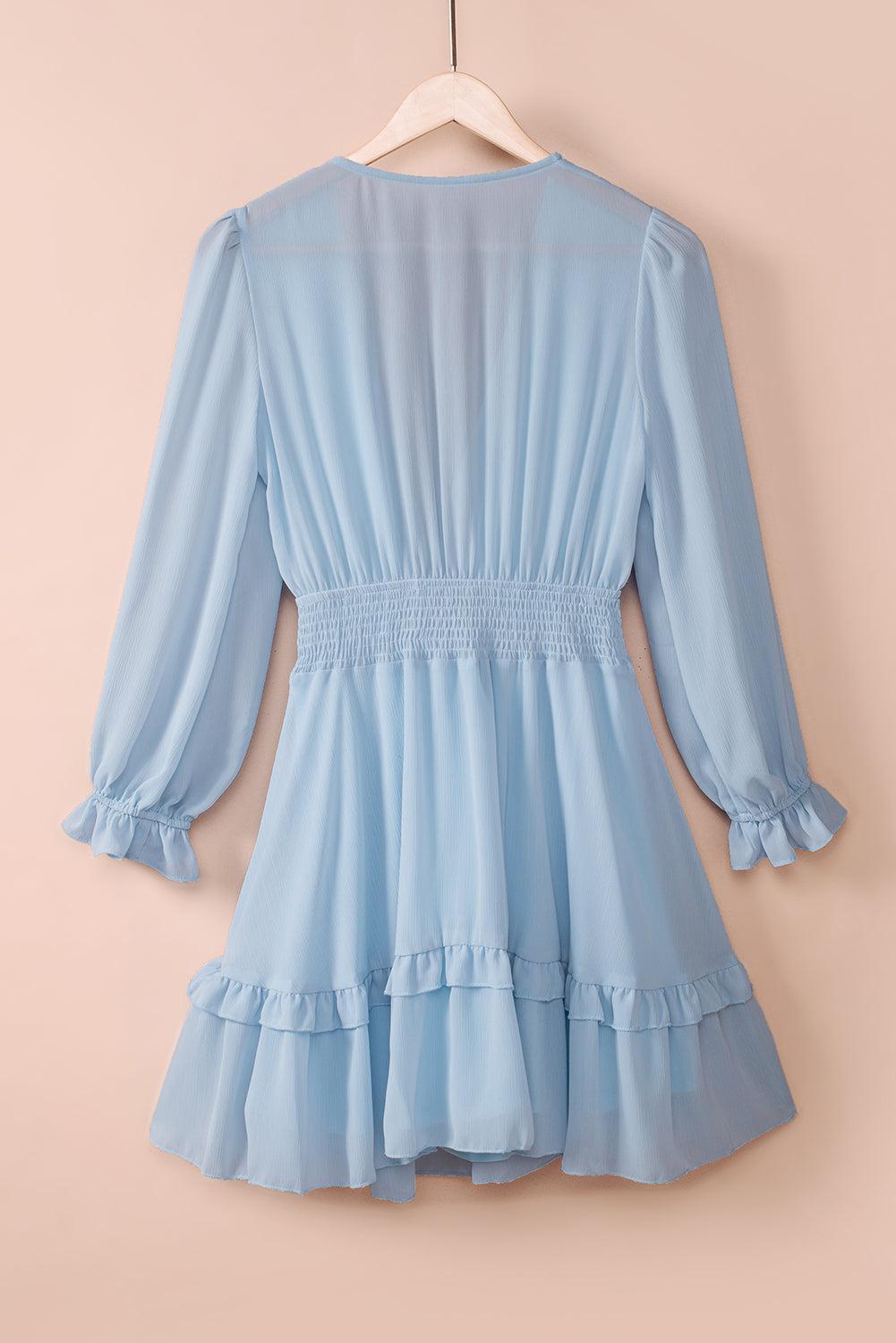 Tied Plunge Smocked Waist Flounce Sleeve Dress BLUE ZONE PLANET