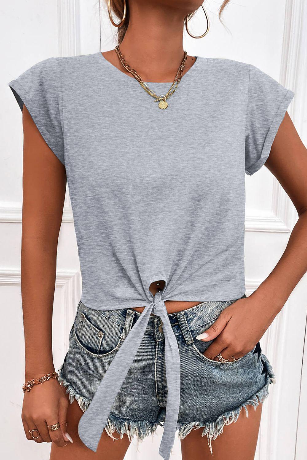 Tied Round Neck Crop Tee BLUE ZONE PLANET