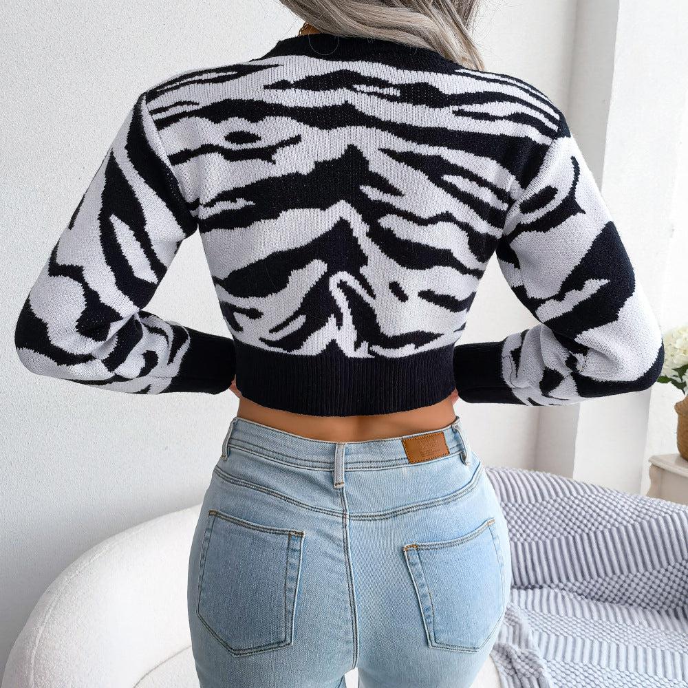Tiger Print Mock Neck Cropped Sweater BLUE ZONE PLANET