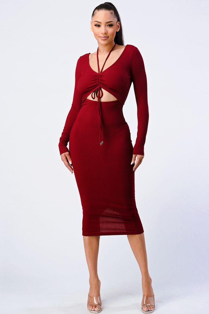 Trendy Front Shirring Cut-out Long Sleeved Dress-TOPS / DRESSES-[Adult]-[Female]-Blue Zone Planet