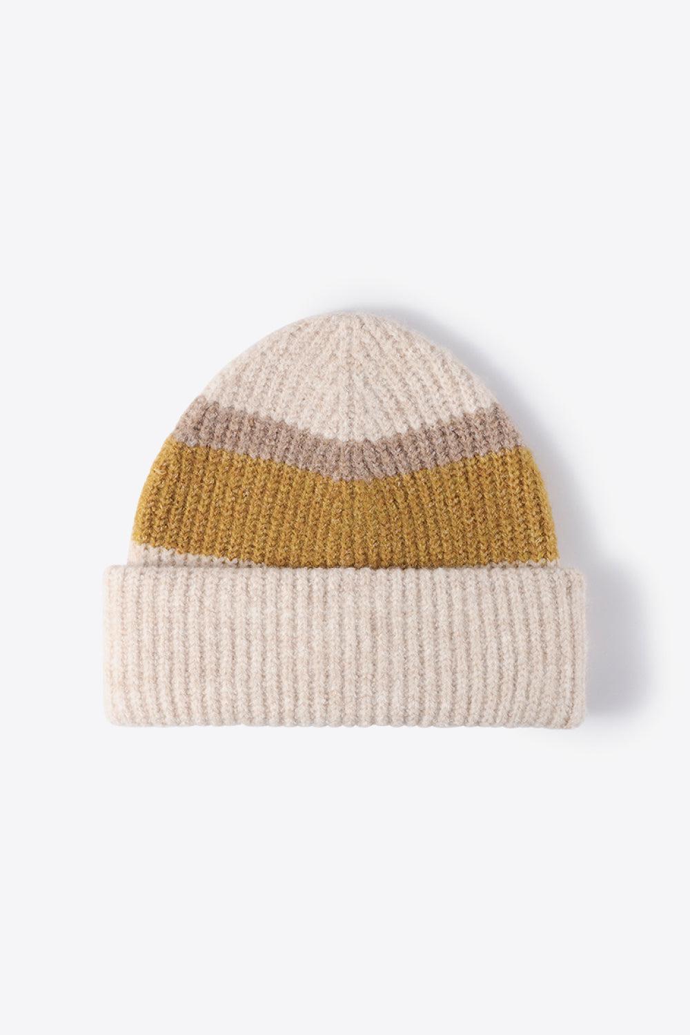 Tricolor Cuffed Knit Beanie-Beanies-[Adult]-[Female]-Beige/Mustard-One Size-2022 Online Blue Zone Planet