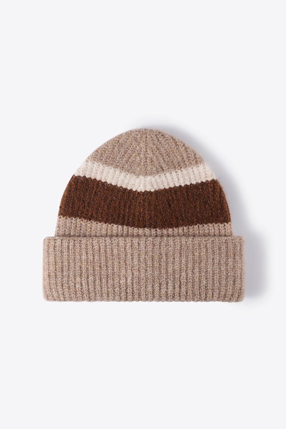 Tricolor Cuffed Knit Beanie-Beanies-[Adult]-[Female]-Brown-One Size-2022 Online Blue Zone Planet