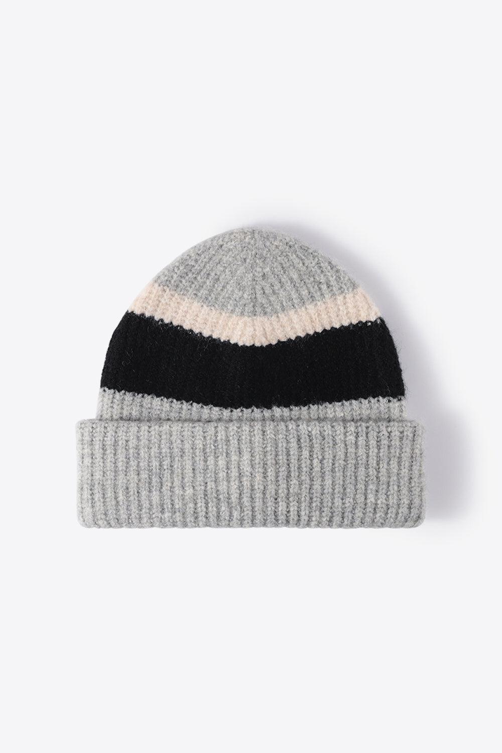 Tricolor Cuffed Knit Beanie-Beanies-[Adult]-[Female]-Gray-One Size-2022 Online Blue Zone Planet