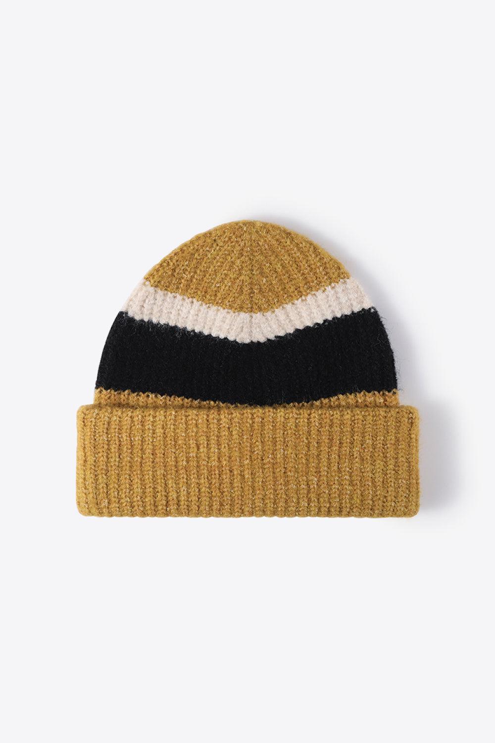 Tricolor Cuffed Knit Beanie-Beanies-[Adult]-[Female]-Mustard-One Size-2022 Online Blue Zone Planet