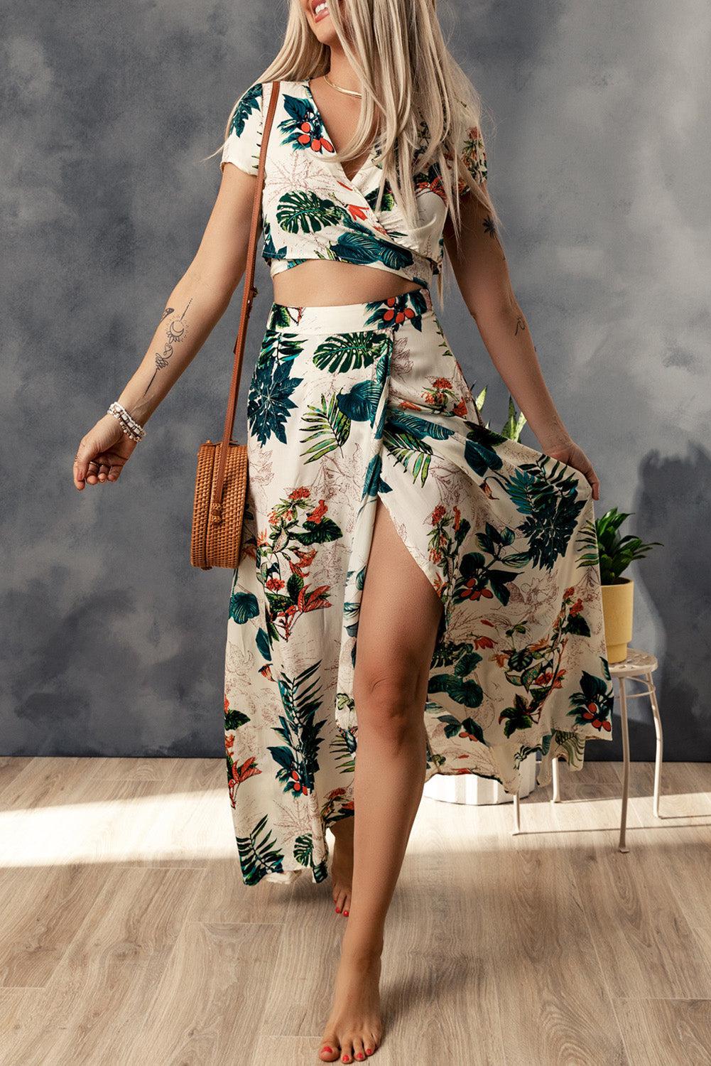 Tropical Print Crop Top and Maxi Skirt Set BLUE ZONE PLANET