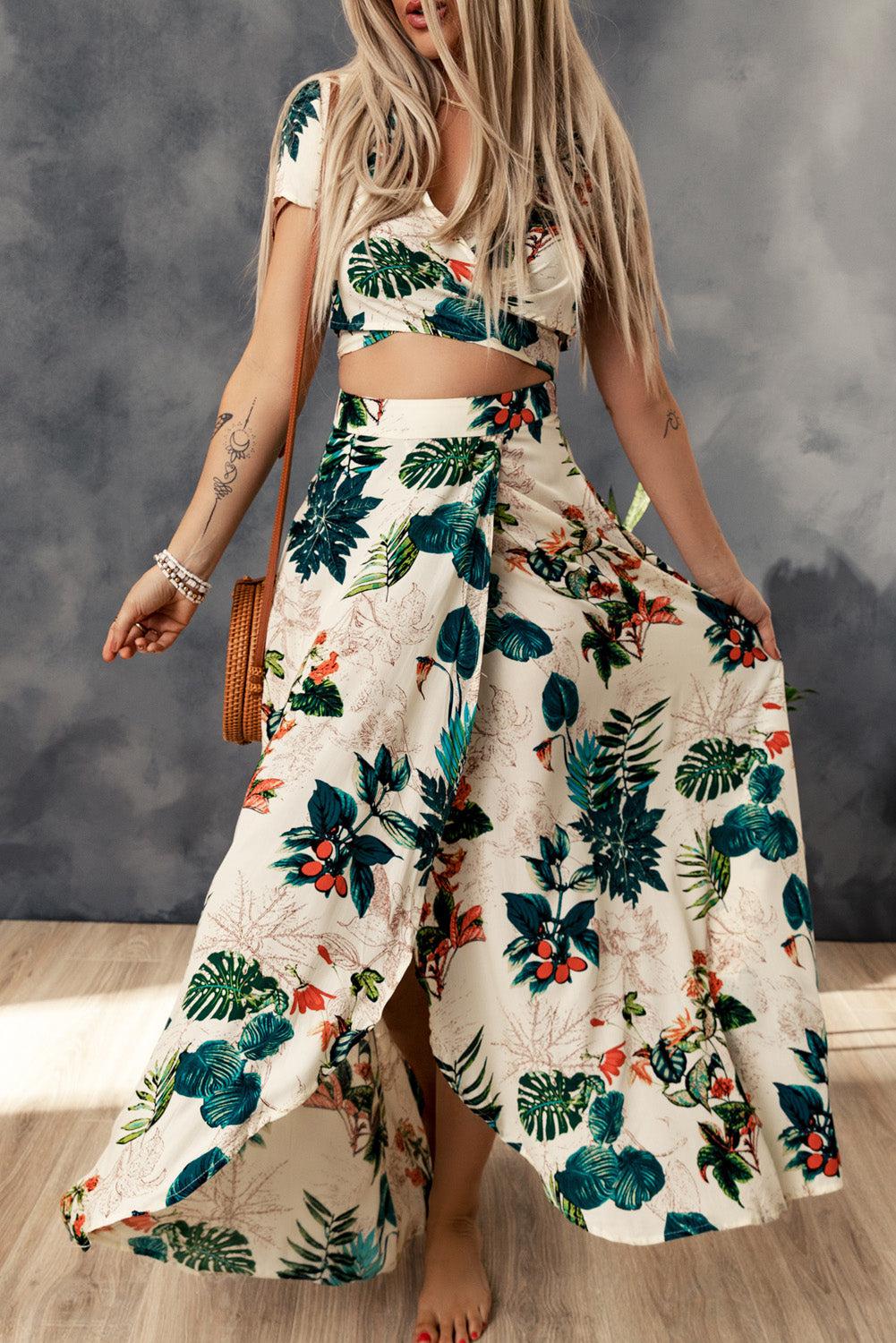 Tropical Print Crop Top and Maxi Skirt Set BLUE ZONE PLANET