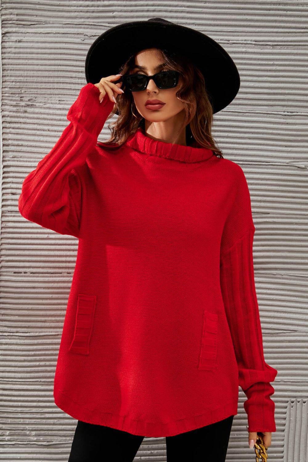 Turtleneck Ribbed Trim Tunic Sweater-TOPS / DRESSES-[Adult]-[Female]-Blue Zone Planet