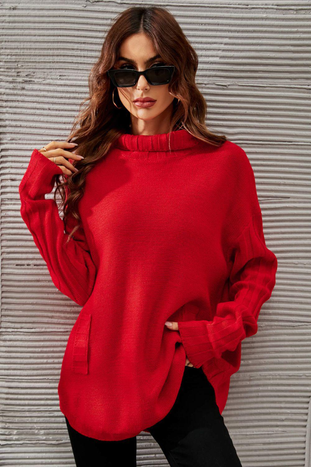 Turtleneck Ribbed Trim Tunic Sweater-TOPS / DRESSES-[Adult]-[Female]-Red-S-Blue Zone Planet