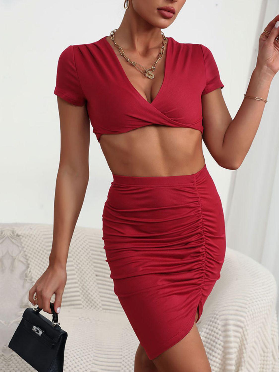 Twisted Deep V Cropped Top and Ruched Skirt Set BLUE ZONE PLANET
