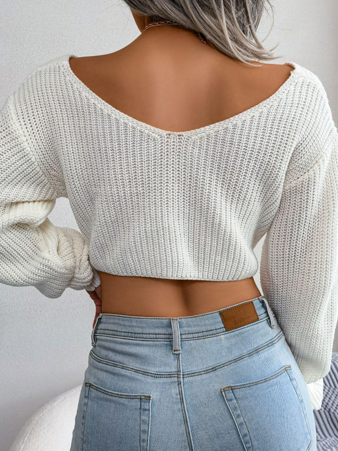Twisted Front Long Sleeve Cropped Sweater BLUE ZONE PLANET