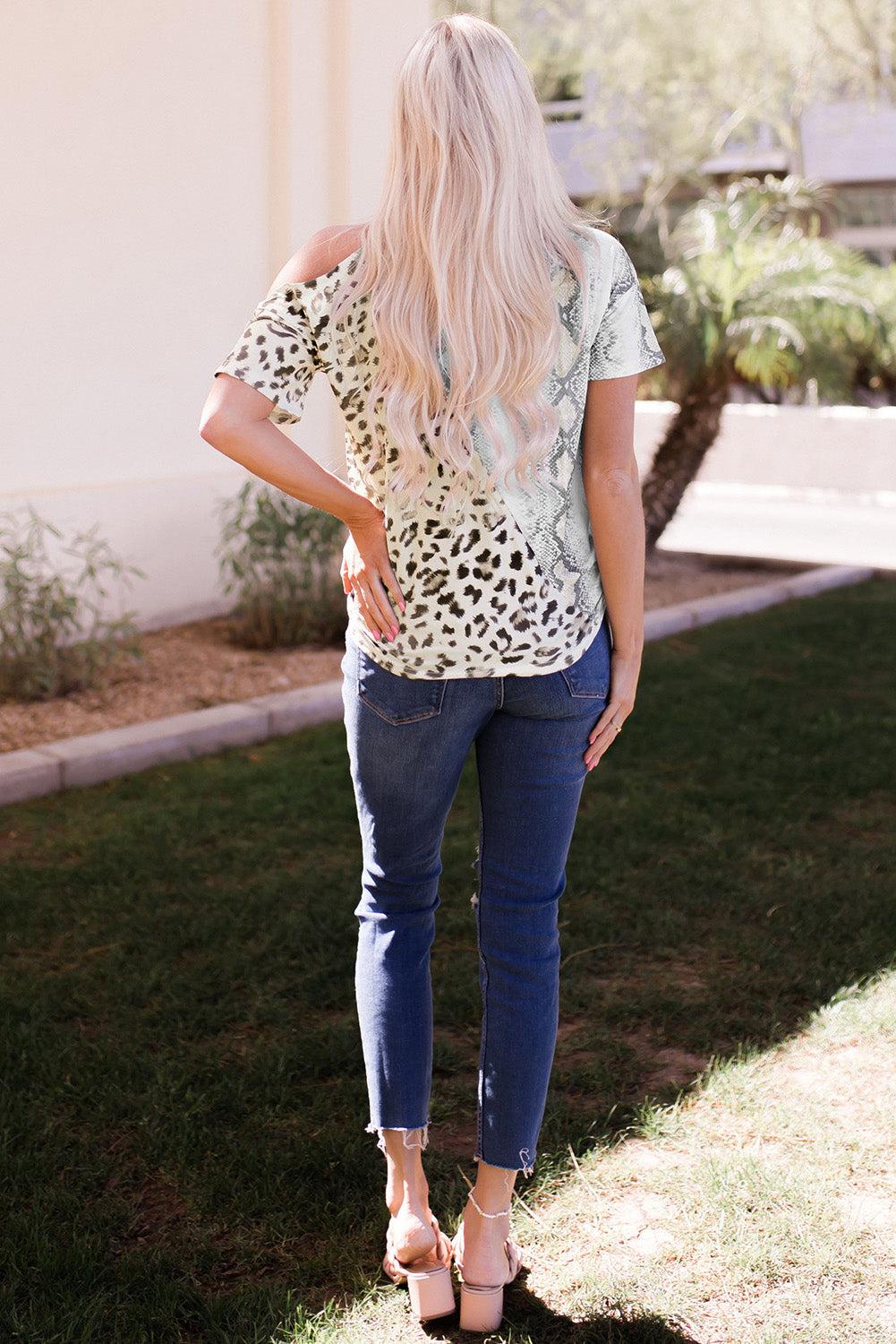 Two-Tone Animal Print Cutout Tee BLUE ZONE PLANET