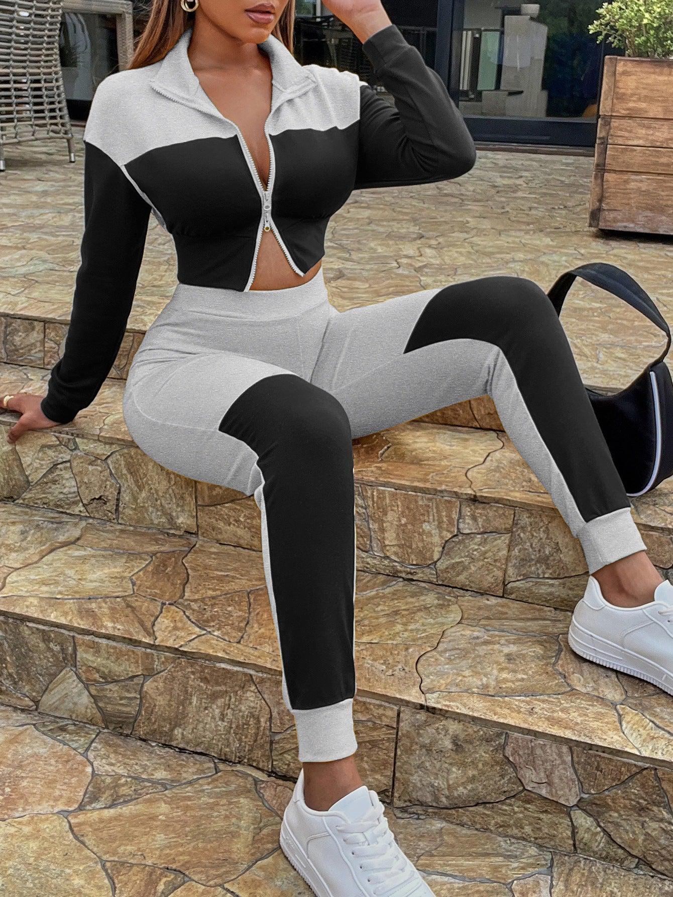 Two-Tone Collared Neck Top and Joggers Set BLUE ZONE PLANET