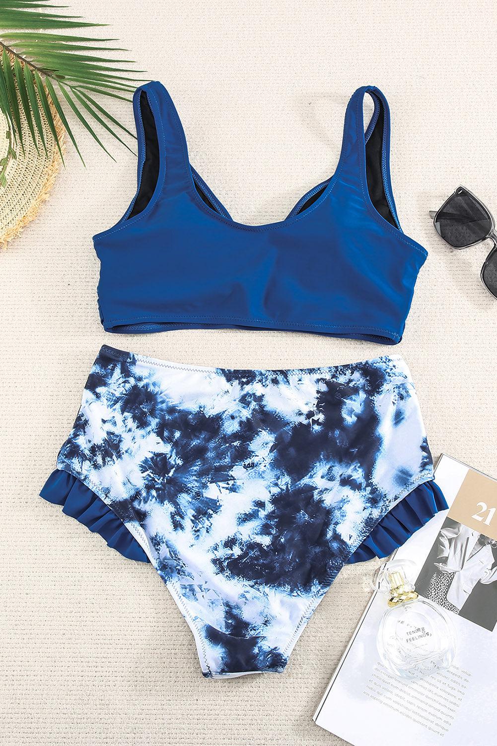 Two-Tone Crisscross Frill Trim Two-Piece Swimsuit BLUE ZONE PLANET