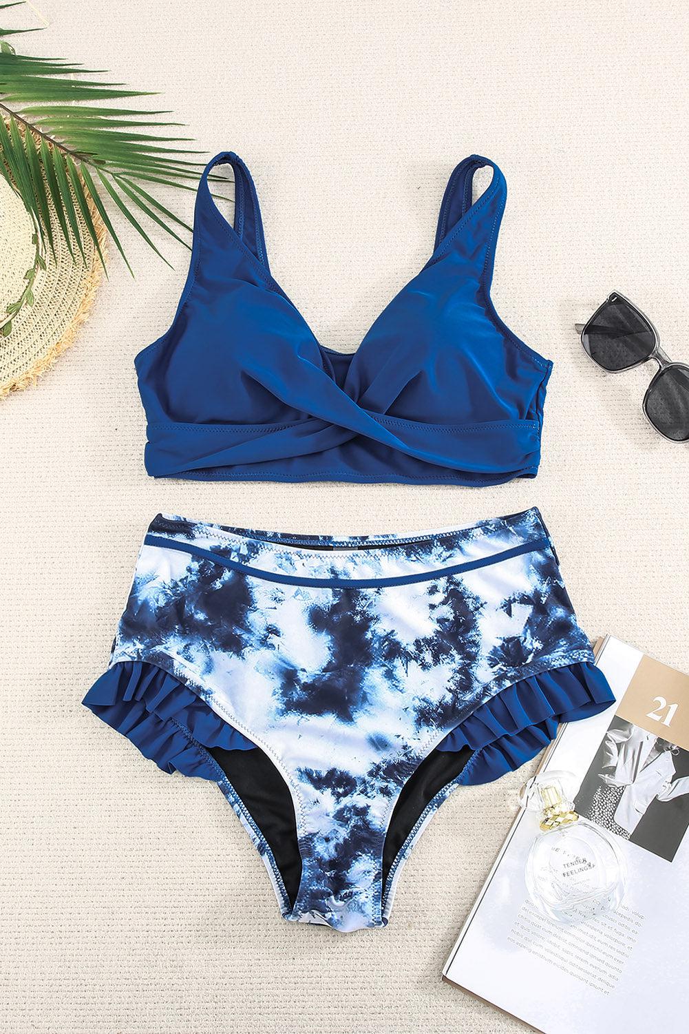 Two-Tone Crisscross Frill Trim Two-Piece Swimsuit BLUE ZONE PLANET