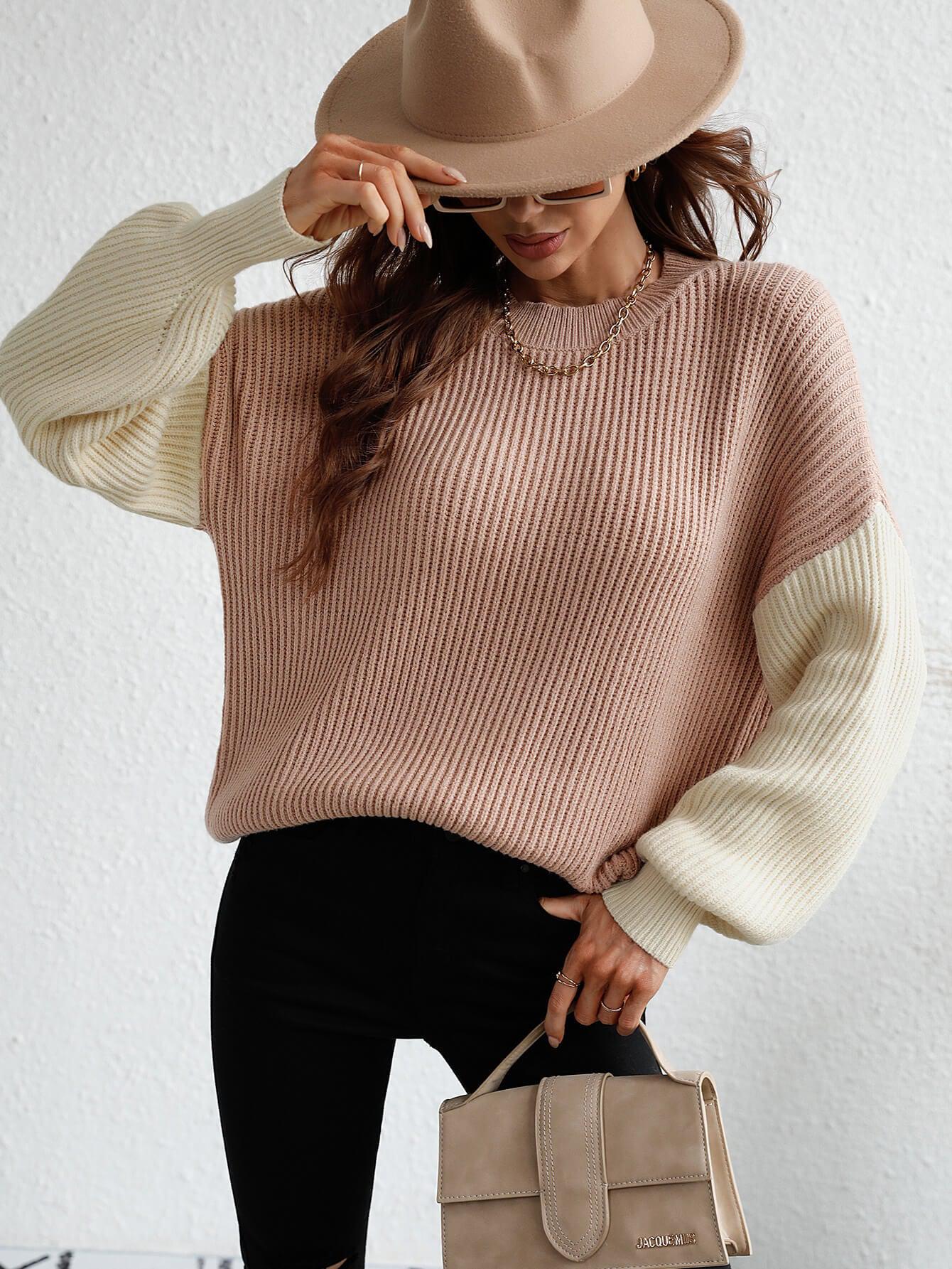 Two-Tone Rib-Knit Dropped Shoulder Sweater BLUE ZONE PLANET
