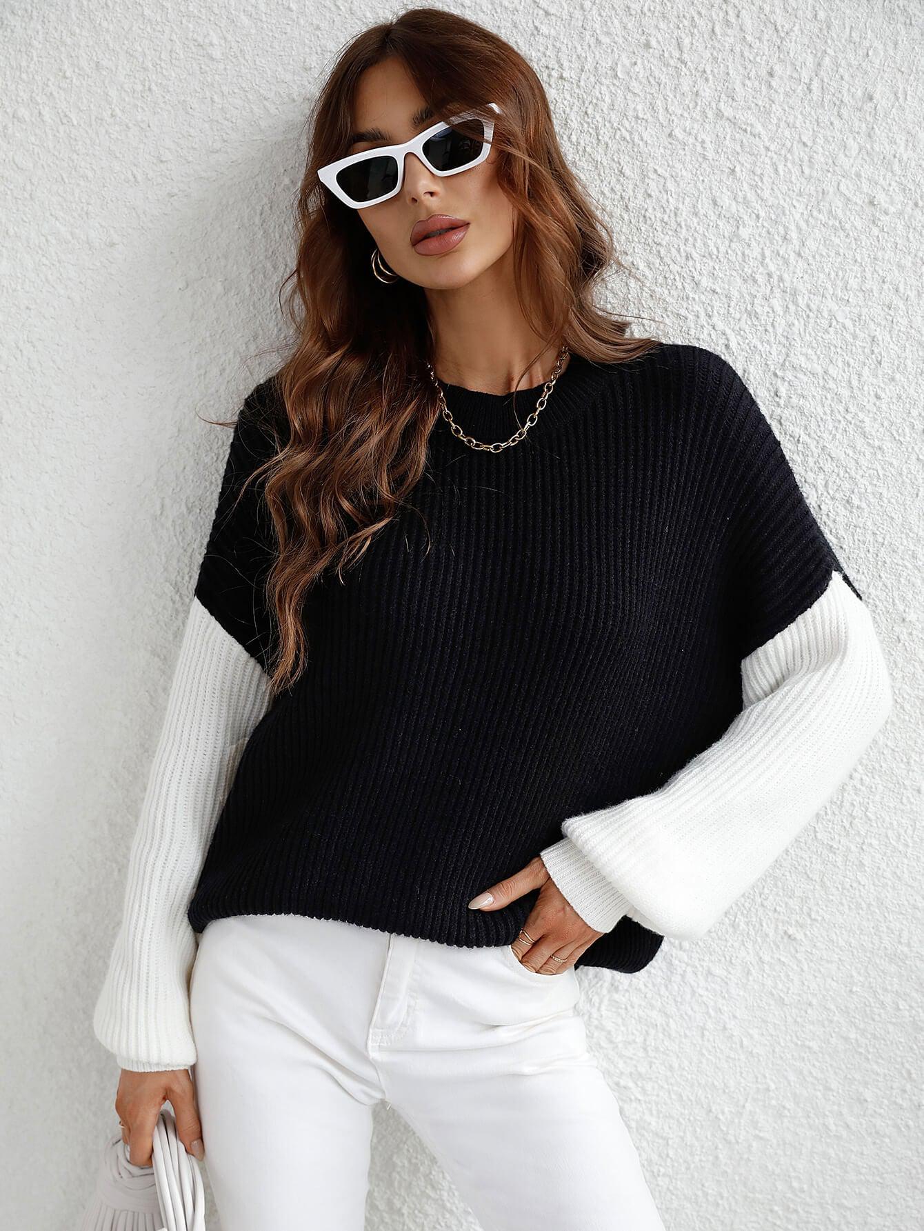 Two-Tone Rib-Knit Dropped Shoulder Sweater BLUE ZONE PLANET