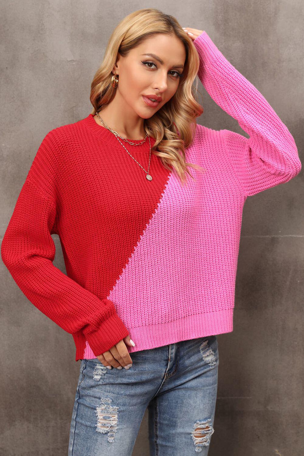 Two-Tone Round Neck Dropped Shoulder Sweater BLUE ZONE PLANET