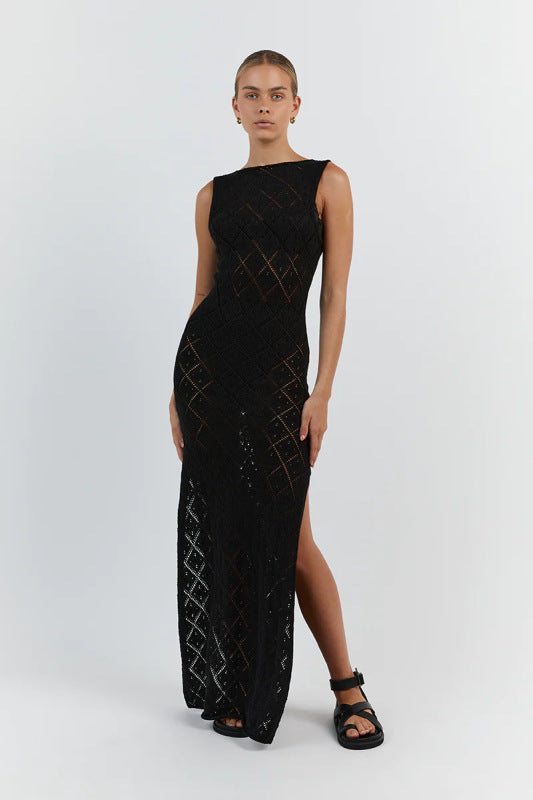 Blue Planet | Hollow knitted sleeveless long slit dress