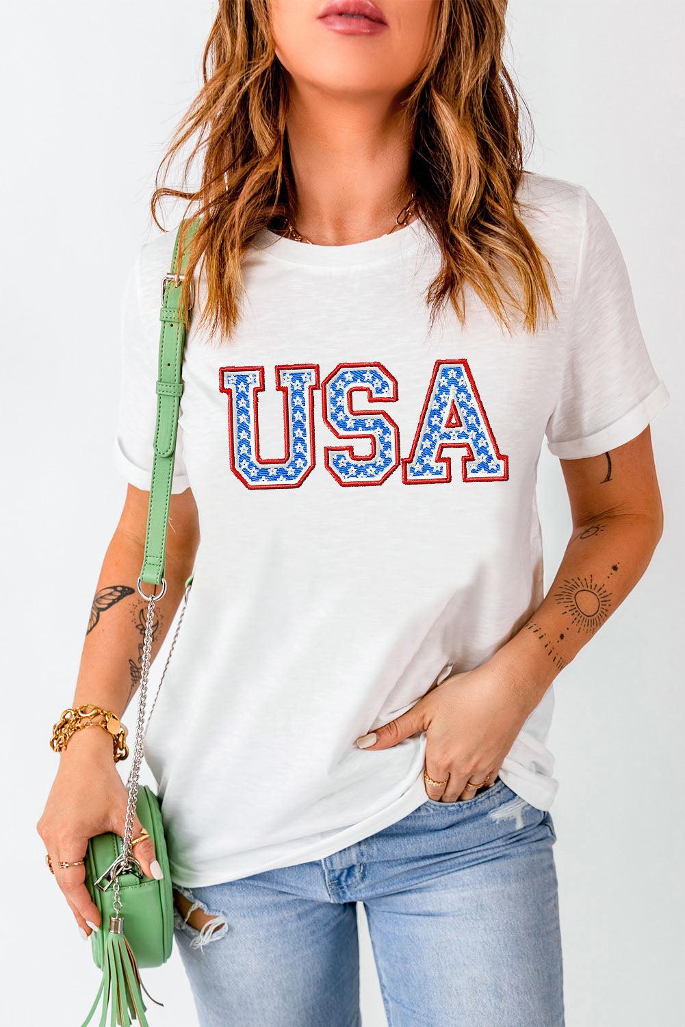 USA Graphic Embroidered Round Neck T-Shirt BLUE ZONE PLANET