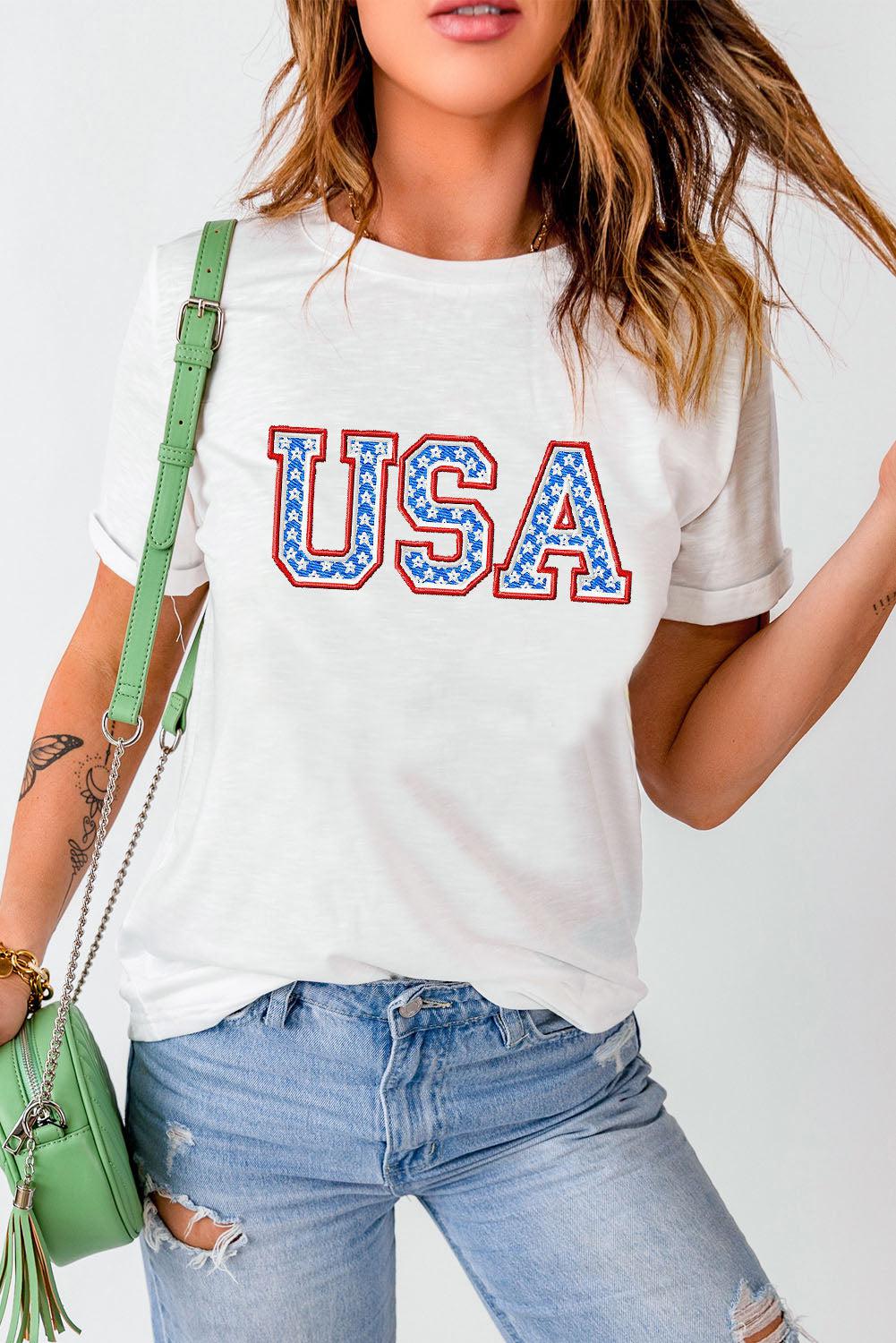 USA Graphic Embroidered Round Neck T-Shirt BLUE ZONE PLANET