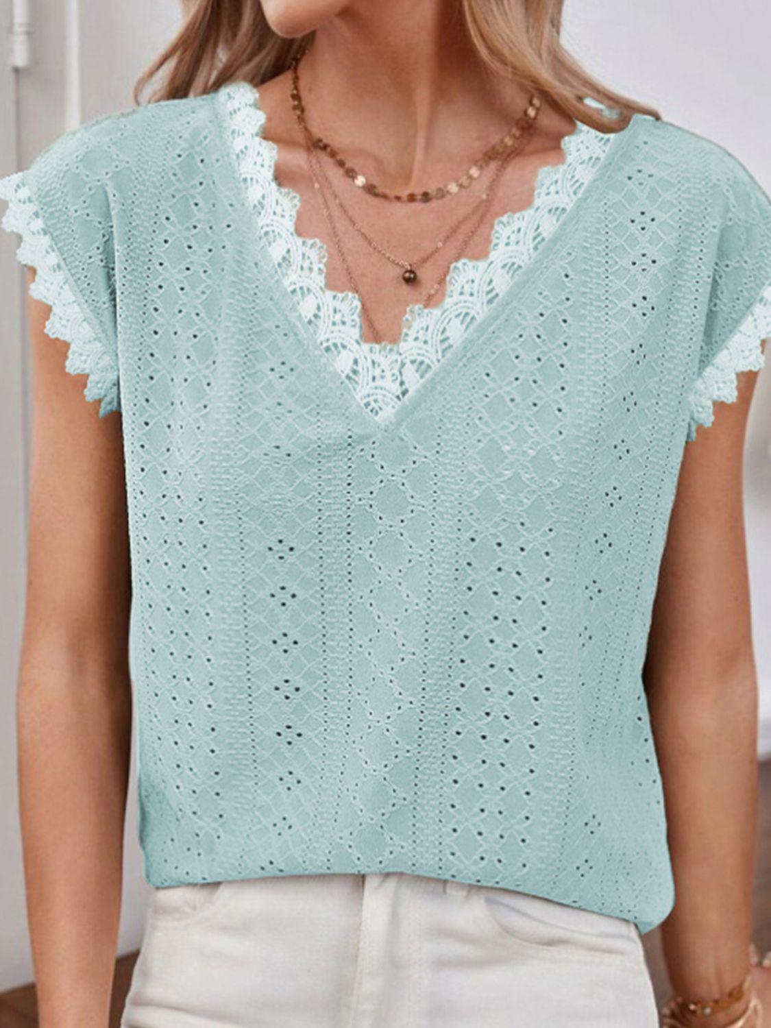 V-Neck Eyelet Short Sleeve Top BLUE ZONE PLANET