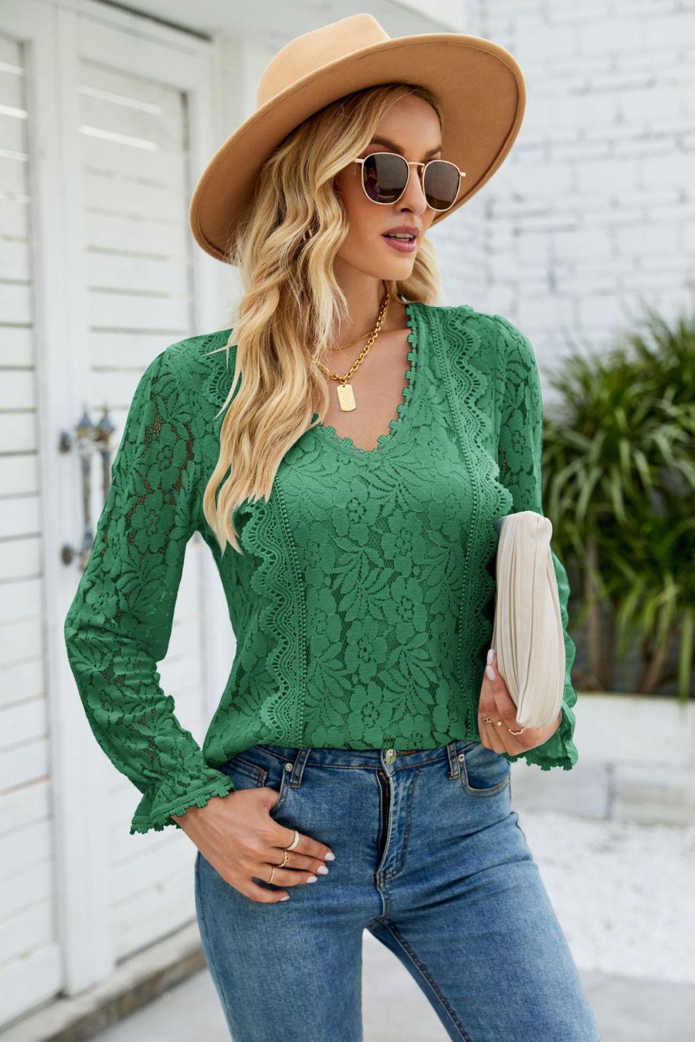 V-Neck Flounce Sleeve Lace Top BLUE ZONE PLANET