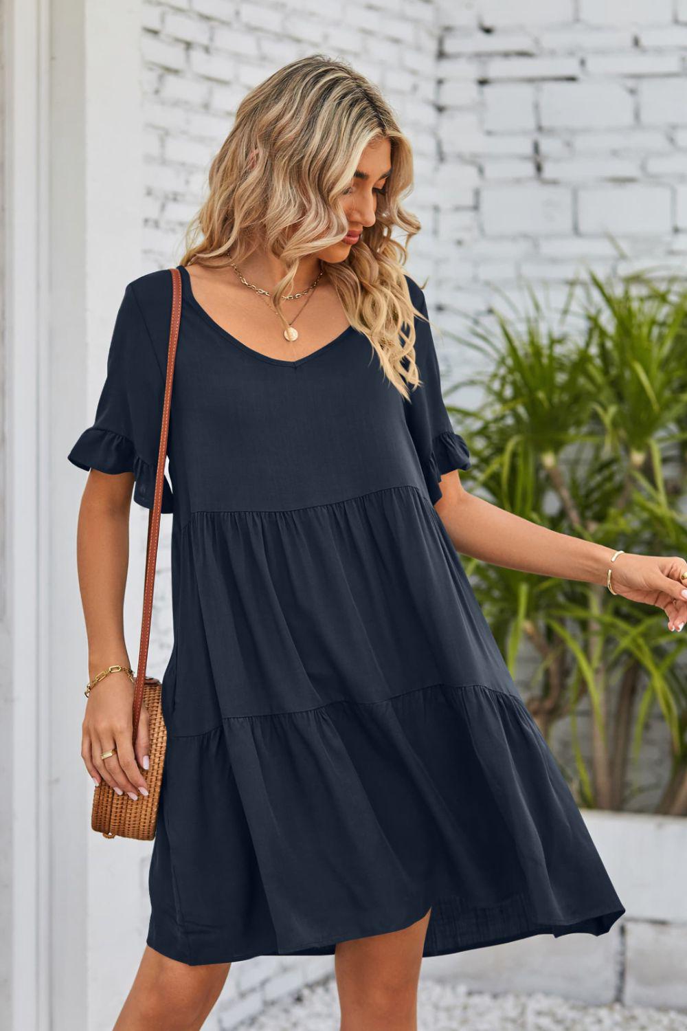 V-Neck Flounce Sleeve Tiered Dress BLUE ZONE PLANET