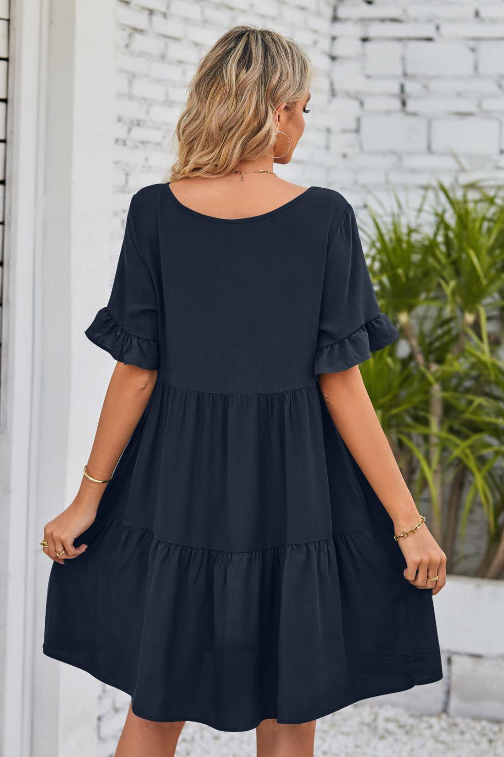 V-Neck Flounce Sleeve Tiered Dress BLUE ZONE PLANET