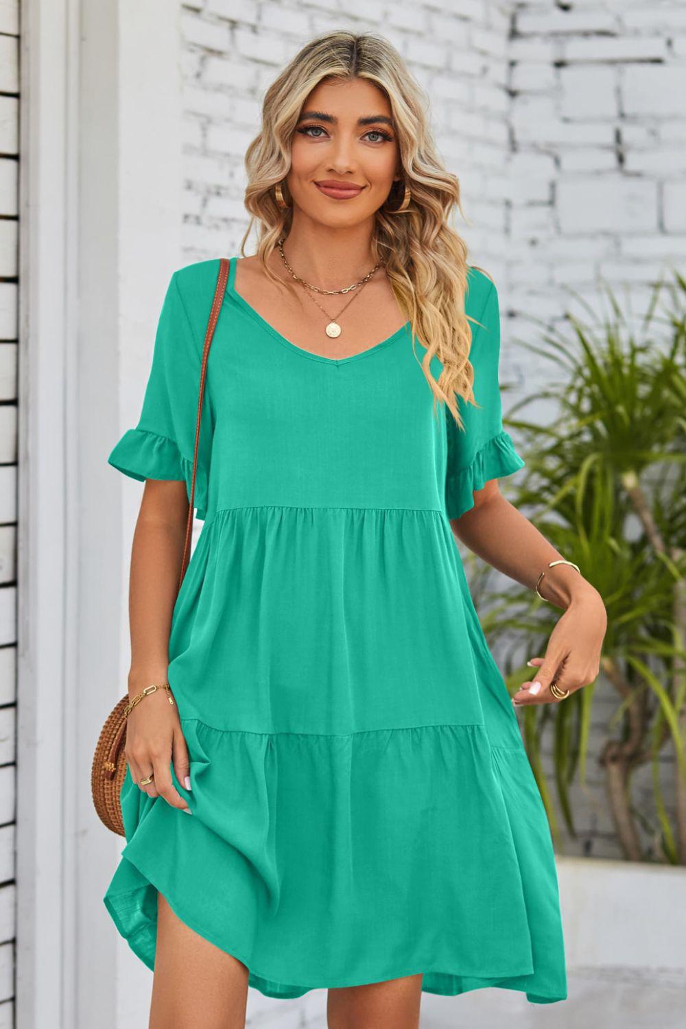 V-Neck Flounce Sleeve Tiered Dress BLUE ZONE PLANET