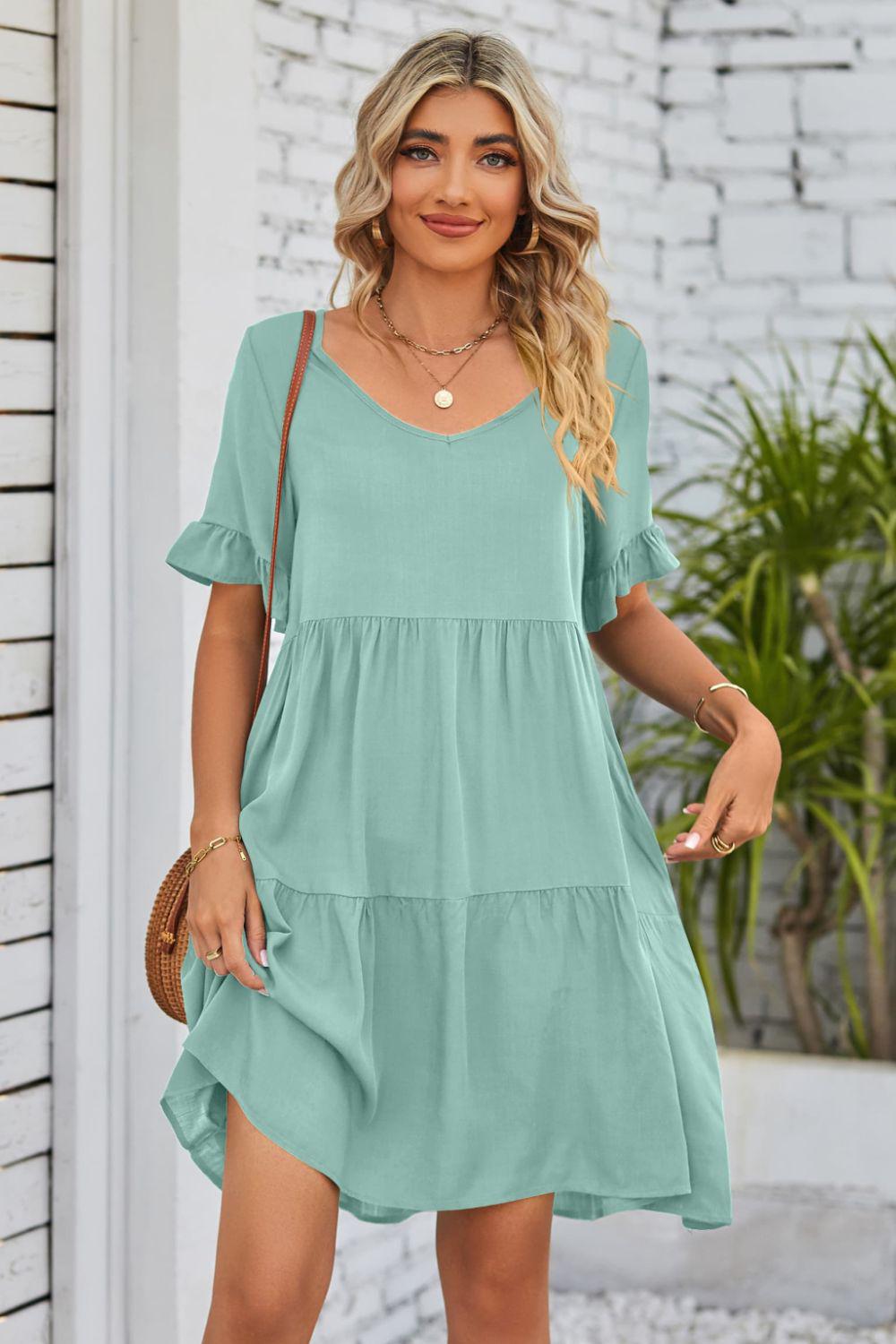 V-Neck Flounce Sleeve Tiered Dress BLUE ZONE PLANET