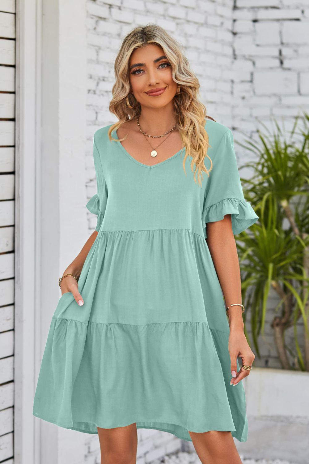 V-Neck Flounce Sleeve Tiered Dress BLUE ZONE PLANET